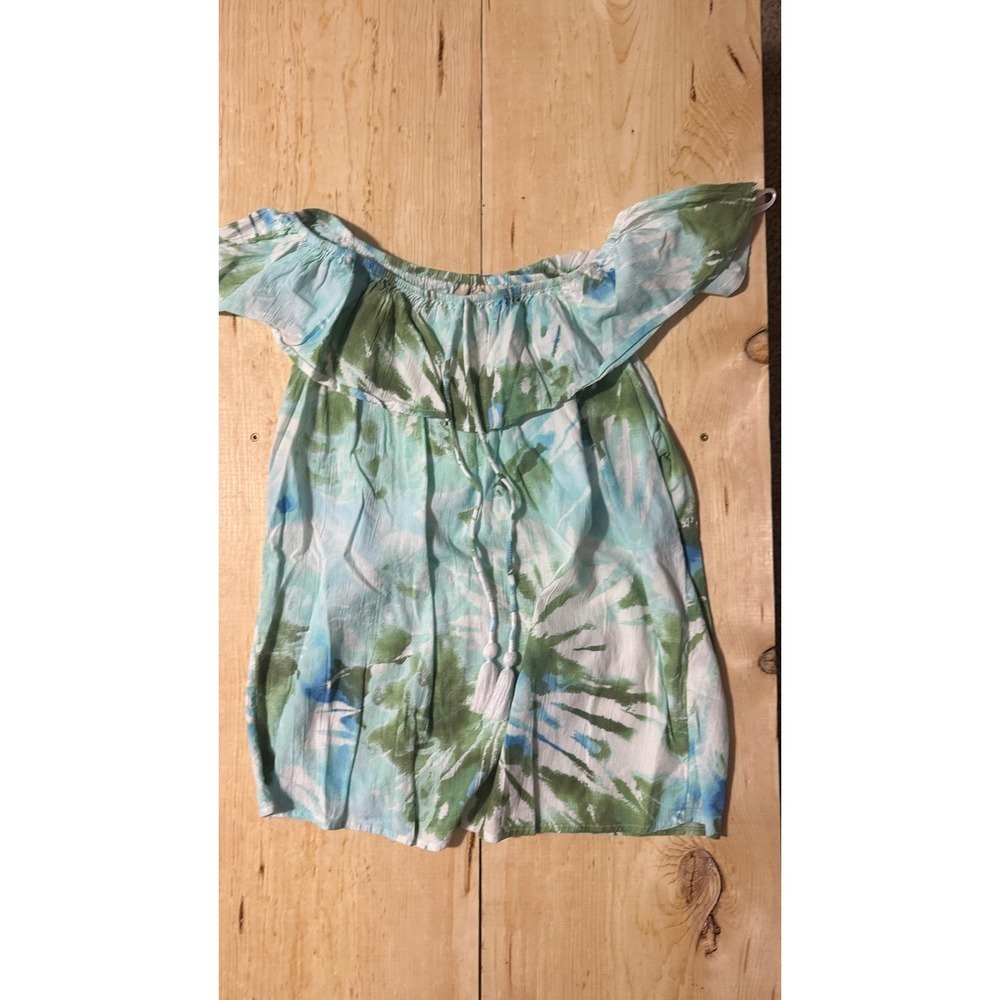 Style & Co Womens Large Blue Green‎ Tie Dye Off Shoulder Ruffle Tassel Boho Top